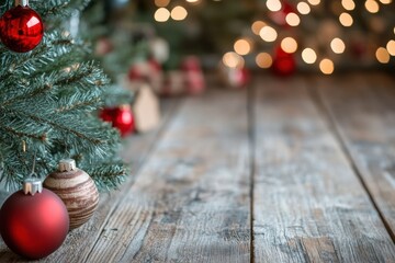 Poster - Decorated Christmas tree and ornaments on wooden floor during festive season. Generative AI