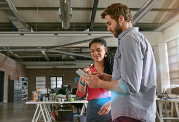 Poster - Web designers, tablet and people in small business for brainstorming, development and collaboration. Ideas, startup and creative strategist in workplace for project, planning or teamwork in meeting