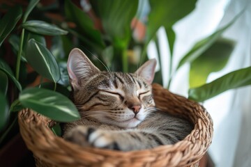 Aufkleber - A cat is sleeping in a woven wicker basket next to a potted plant