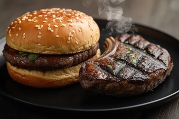 Wall Mural - A juicy hamburger and a tender steak served together on a sleek black plate, perfect for a casual dining or food photography