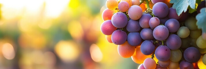 Aufkleber - Bunch of ripe grapes hanging from the vine in a sunlit vineyard during harvest season. Generative AI
