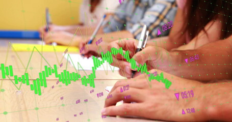 Poster - Image of financial data processing over diverse students taking notes