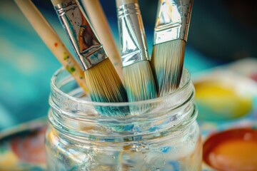 Poster - A collection of paint brushes stored in a jar, placed on a table for easy access