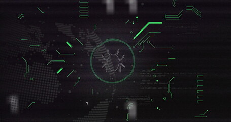 Poster - bug icon and binary code image over digital world map background