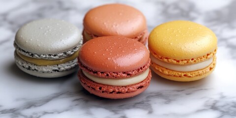 Poster - A group of colorful macarons arranged on a table, perfect for dessert displays or food photography