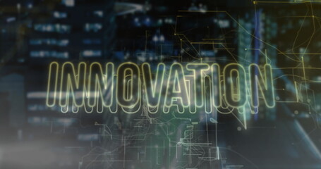 Poster - Image of innovation text with network of connections over cityscape