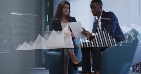 Poster - Image of financial data processing over diverse colleagues discussing work in office