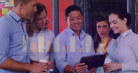 Poster - Image of financial data processing over diverse colleagues discussing work in office