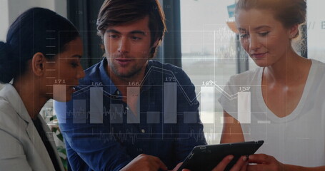 Poster - Image of financial data processing over diverse colleagues discussing work in office