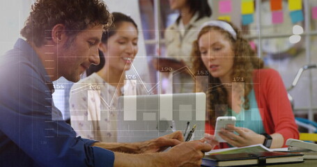 Poster - image of financial data processing over diverse colleagues discussing work in office