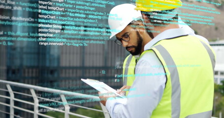 Poster - Image of data processing over diverse architects and construction site