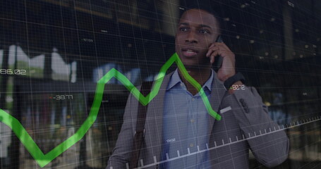 Poster - Image of data processing and diagrams over biracial businessman using smartphone