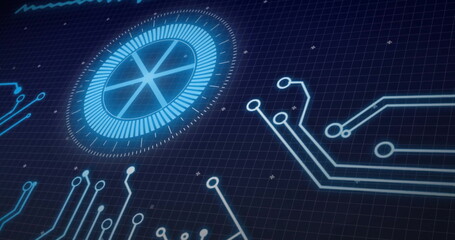 Poster - image of network of connections and scope scanning on black background