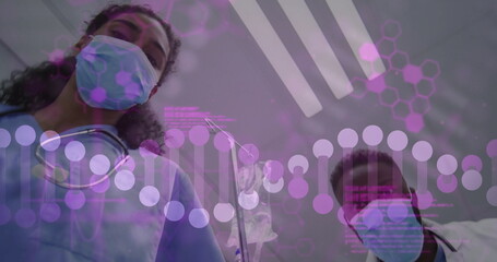 Poster - Image of dna strand and data processing over diverse doctors with face masks