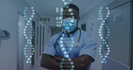 Poster - Image of dna strands over biracial male doctor with face mask