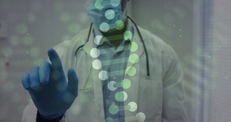 Poster - Image of dna strands over biracial male doctor with face masks
