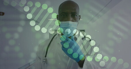 Poster - Image of dna strands over biracial male doctor with face masks