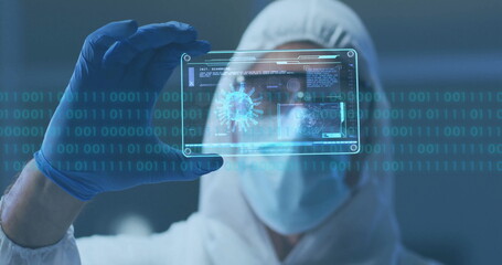 Poster - Scientist in protective gear examining digital data image over binary code
