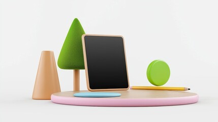 Poster - Modern Digital Tablet with Blank Black Screen on Minimalist Desk Surrounded by Creative Green and Beige Shapes