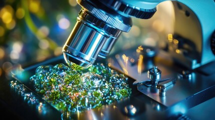 Poster - A microscope with crystals on the lens and around the rim, suitable for medical or scientific illustrations
