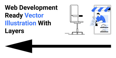 Arrow pointing left, office chair, and mobile phone with storefront interface emphasizing design and e-commerce. Ideal for web design, shopping, development, technology, business, creativity flat