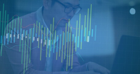 Poster - Financial data analysis image over person typing on laptop keyboard