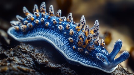 Poster - A close-up of a blue and white sea slug resting on a rock, with its delicate body and tentacles visible