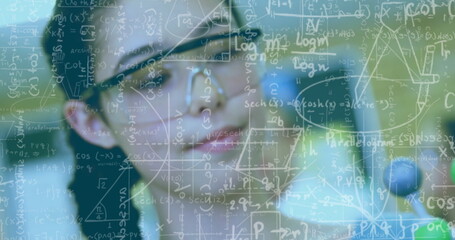Poster - Mathematical equations and formulas image over person working in laboratory
