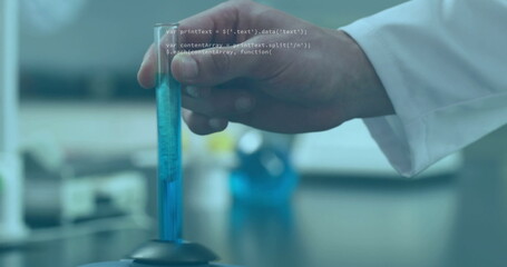 Poster - Holding test tube with blue liquid, scientist working in laboratory image