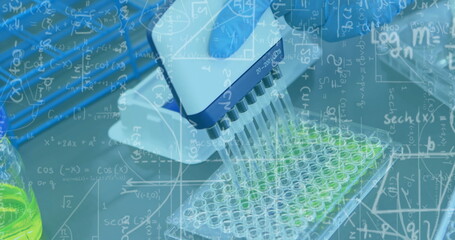 Poster - Pipetting liquid into wells, scientific equations image over laboratory equipment