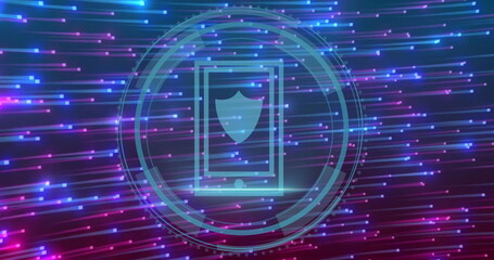 Poster - Smartphone with shield icon image over colorful digital data streams