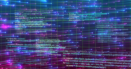 Programming code and data processing image over colorful digital grid background
