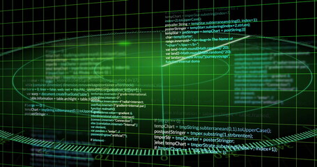 Poster - computer code and data processing image over green grid background
