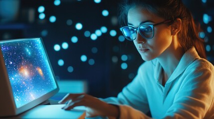 Aufkleber - A woman sitting at a desk, wearing glasses and typing on a computer