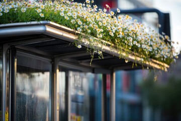 Poster - A bus stop with a bright and colorful bouquet of flowers on the roof, adding a pop of color to the urban scene