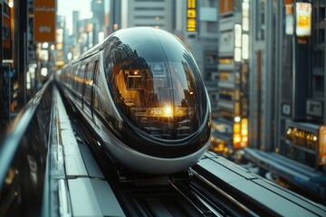 Poster - A train moving through the city surrounded by tall buildings, with modern architecture and urban landscape