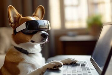 Poster - A dog sits on a laptop wearing a virtual reality headset, a unique and curious scene