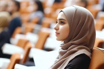 Aufkleber - A woman wearing a hijab sits in a lecture hall, surrounded by students and educational resources