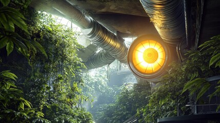Aufkleber - A bright yellow light shining through the dense foliage of a jungle