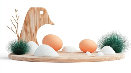 Poster - Rustic Wooden Basket Filled with Fresh Eggs Surrounded by Decorative Elements on White Background