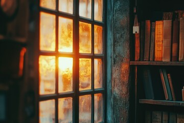 Poster - A bookshelf filled with books and a window in the background