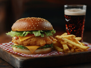 Wall Mural - chicken burger combo featuring a  chicken cheese burger, served alongside a portion of golden salted fries and a chilled cola in a tall glass with visible condensation.