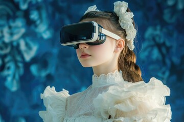 Poster - A young girl in a white dress wearing a virtual reality headset, possibly gaming or exploring new worlds