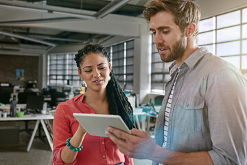 Poster - Designers, tablet or people in small business for teamwork, skill development or collaboration. Research, startup or creative strategist brainstorming in workplace for project, discussion or planning