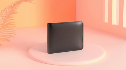 Poster - Shiny Black Leather Wallet on Soft Circular Pod with Colorful Background and Subtle Tropical Vibes