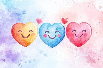 Aufkleber - Colorful watercolor hearts with smiling faces and playful designs in a joyful composition. Generative AI