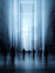Poster - a futuristic city street where pedestrians and buildings continuously morph into abstract geometric shapes, mesmerizing movement, cyber-surrealism, ultra-sharp details
