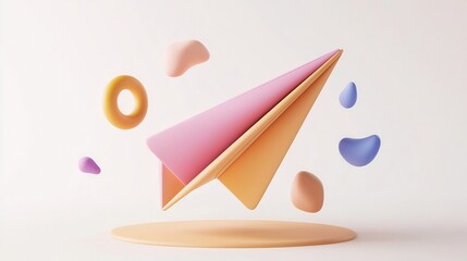 Poster - Single Perfectly Folded Paper Airplane Surrounded by Colorful Abstract Shapes on an Isolated Background