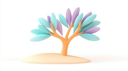 Poster - Colorful Stylized Tree with Green and Silver Leaves on a Soft Sand Base in a Minimalist Design
