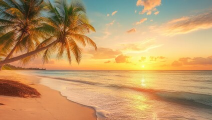 Poster - Beautiful sunset on the tropical beach with palm trees. Vibrant colorful sky.